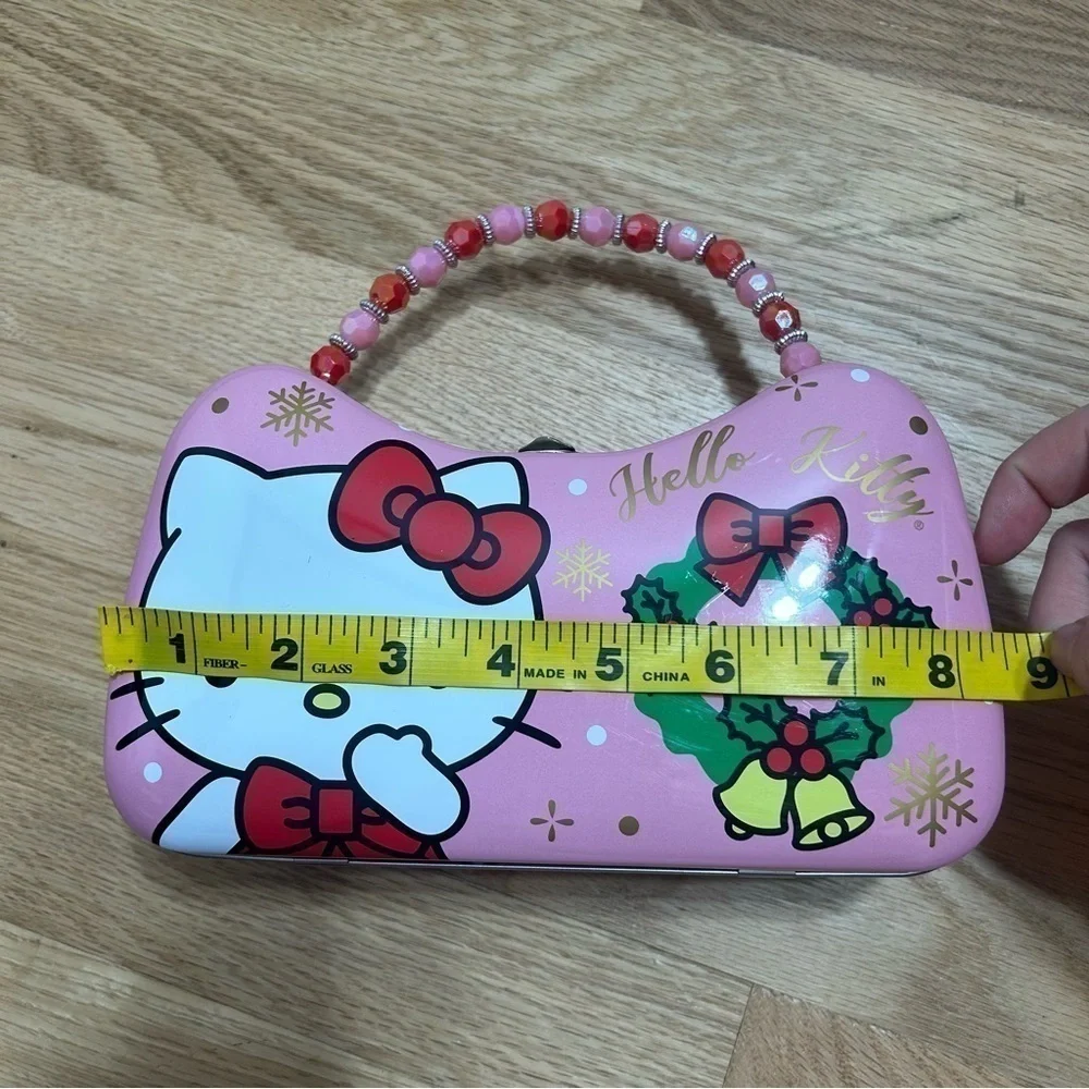 Hello Kitty Christmas Tin Purse Strap Beads NEW Gift Storage Pink Metal